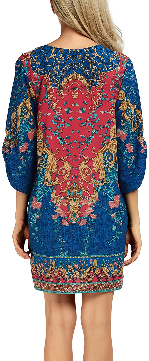 Women Bohemian Neck Tie Vintage Printed Ethnic Style Summer Shift Dress