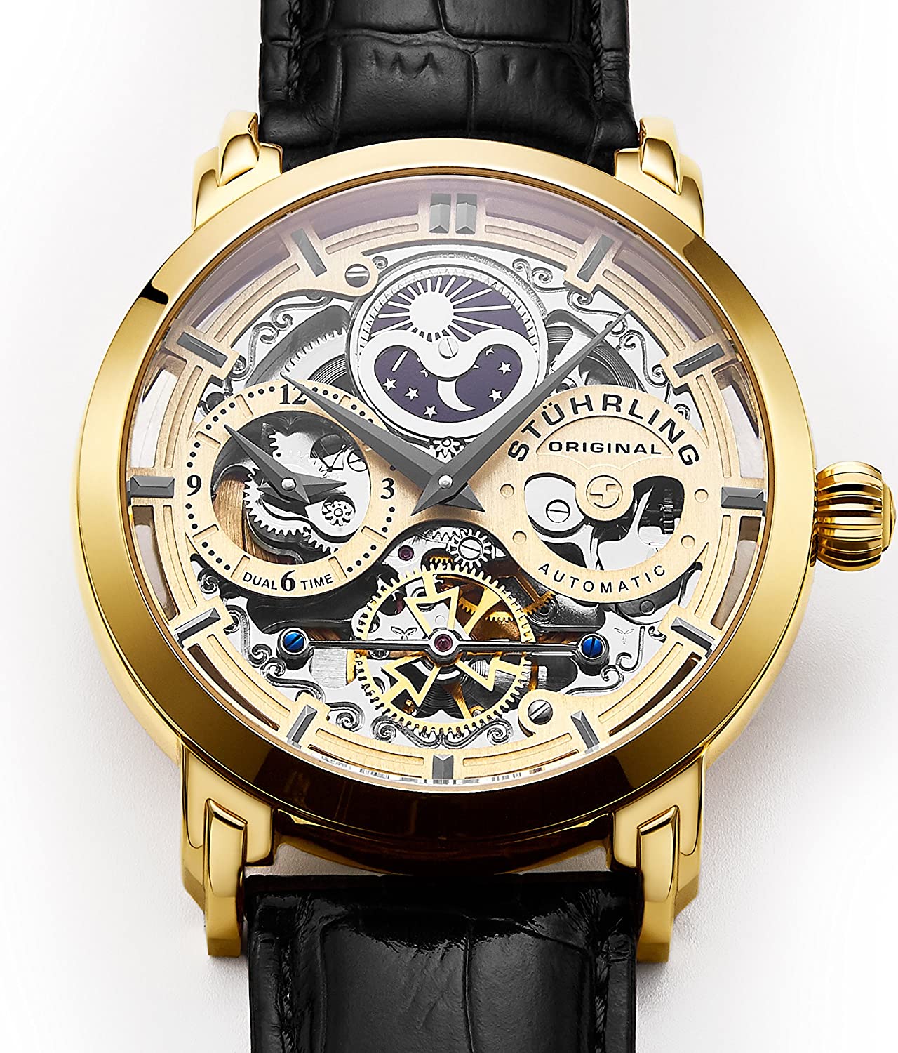 Stührling Original Mens Watch Stainless Steel Automatic, Skeleton Dial, Dual Time, AM/PM Sun Moon,Genuine Leather Strap 371 Watches for Men Series