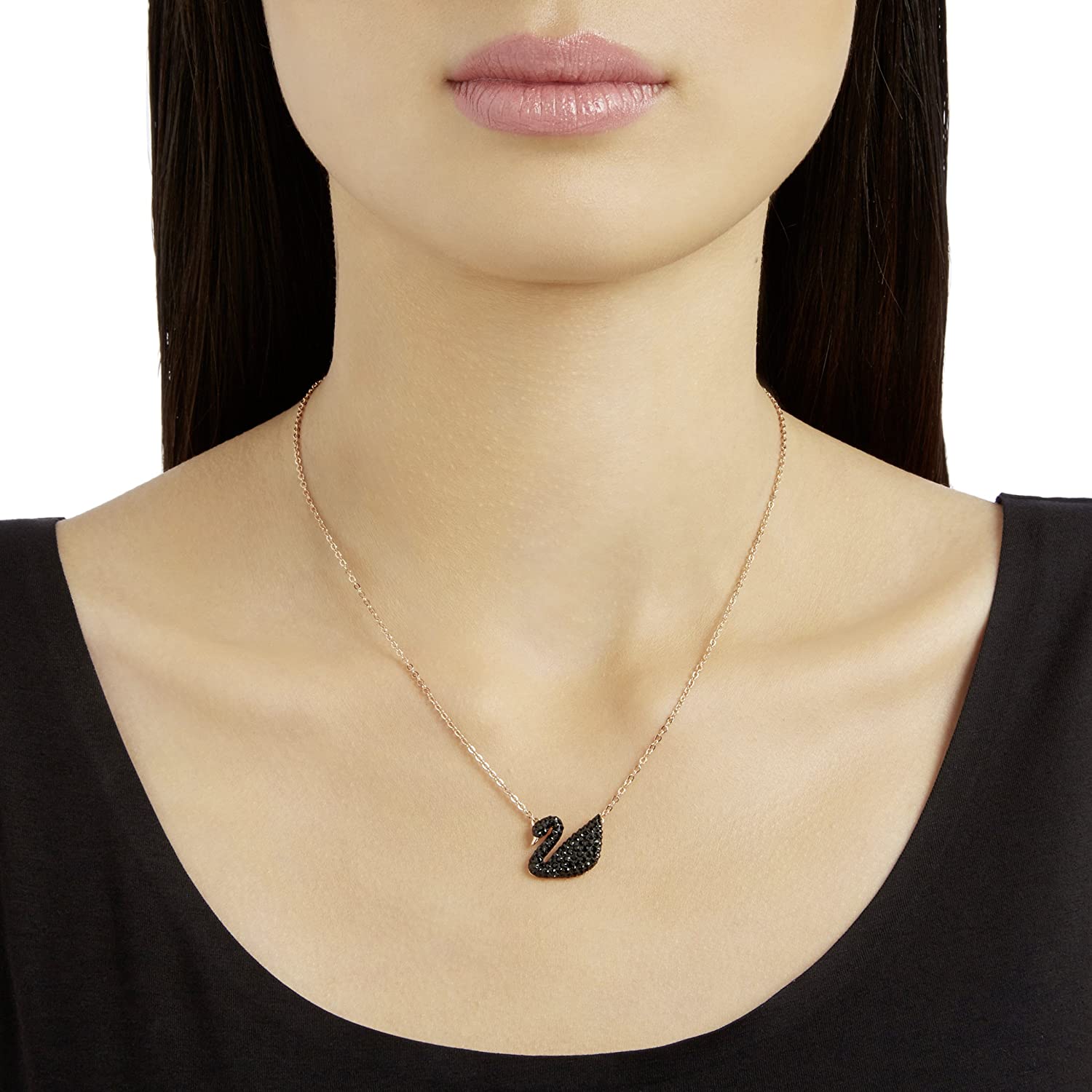SWAROVSKI Women's Iconic Swan Jewelry Collection, Rose Gold Tone Finish, Black Crystals - JOY2ESpree