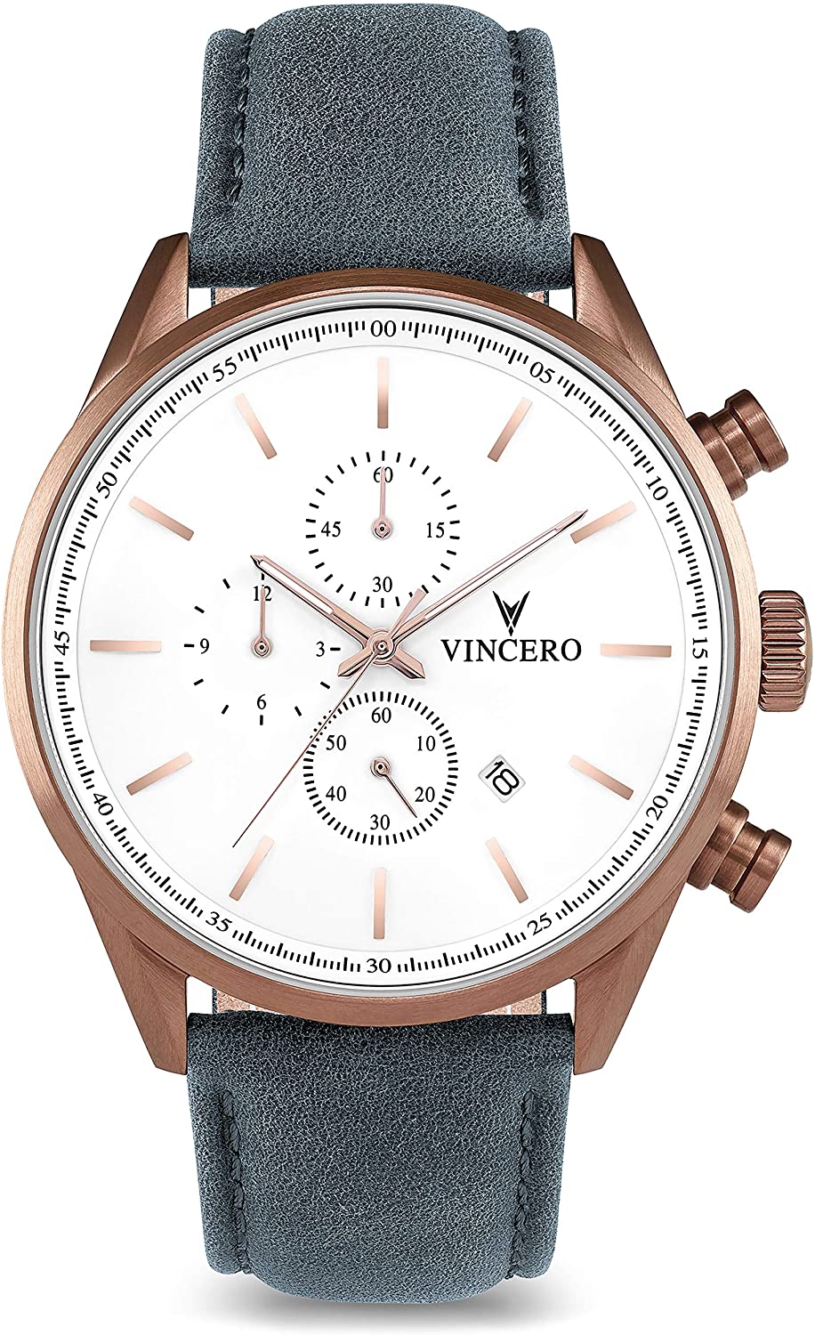 Vincero Luxury Men's Chrono S Wrist Watch - Top Grain Italian Leather Watch Band - 43mm Chronograph Watch - Japanese Quartz Movement…