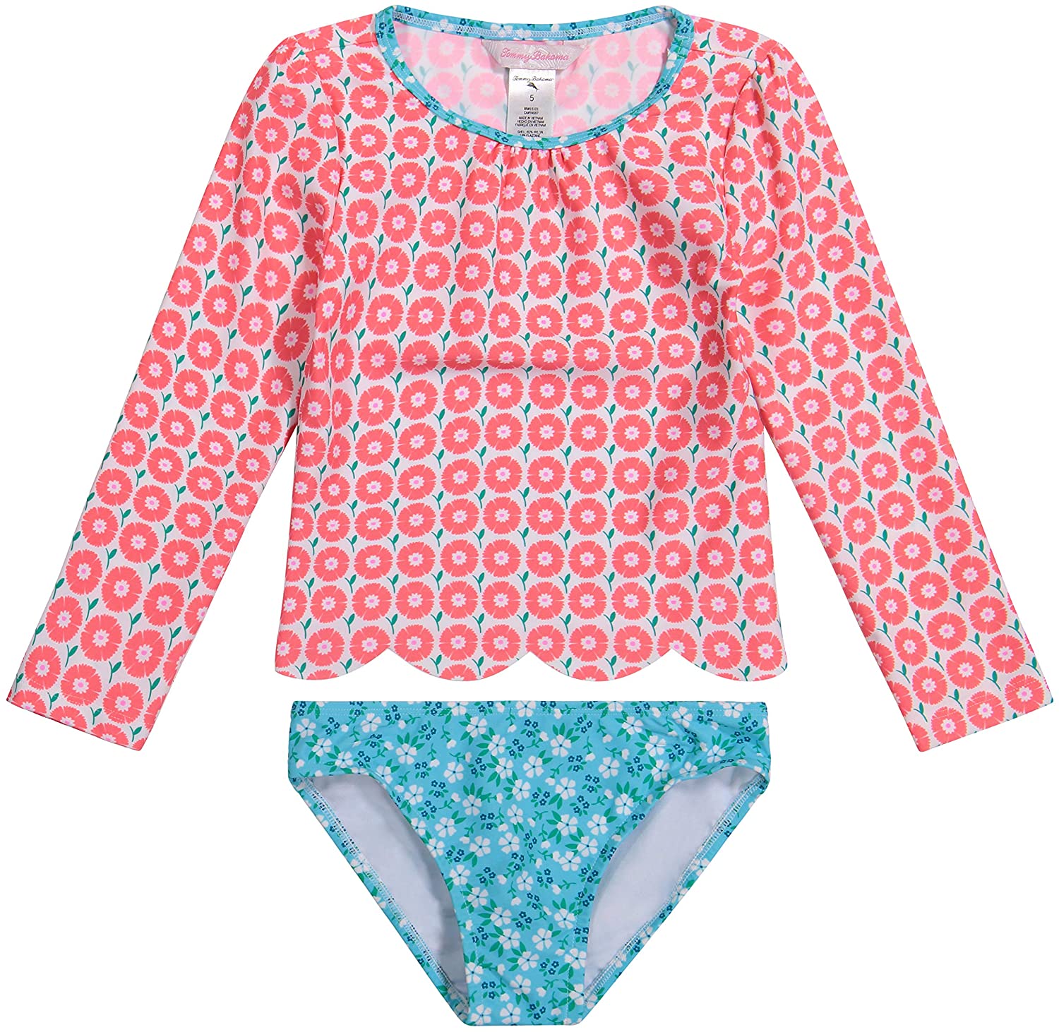 Tommy Bahama Girls' Long Sleeve 2-Piece Rashguard Swimsuit Bathing Suit