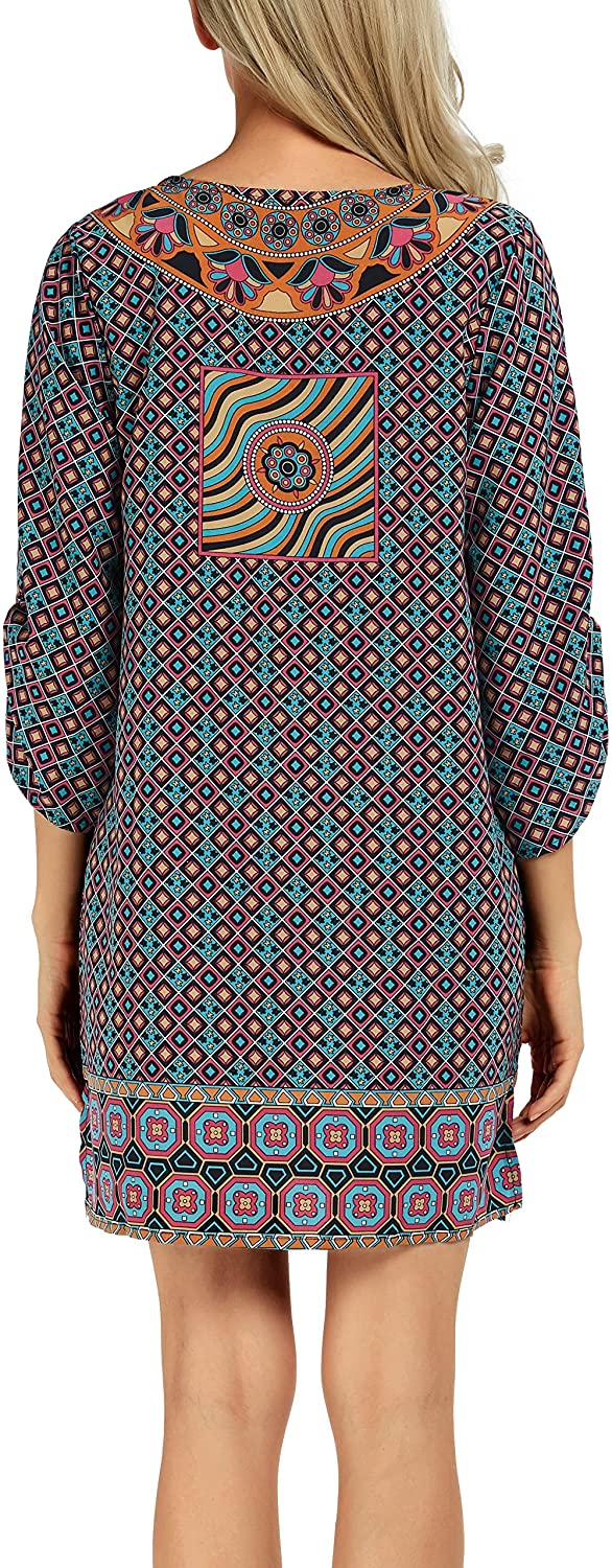 Women Bohemian Neck Tie Vintage Printed Ethnic Style Summer Shift Dress