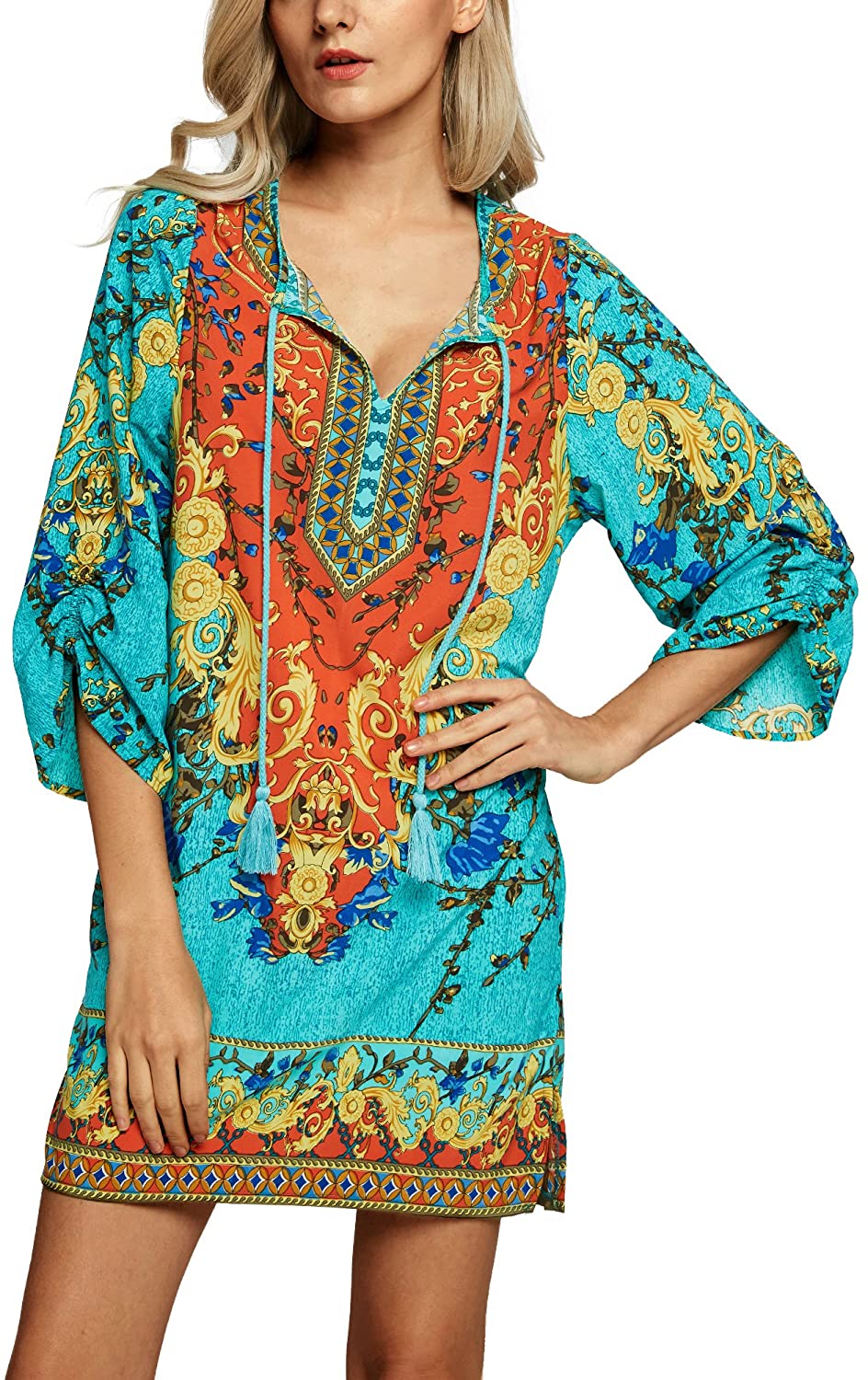 Women Bohemian Neck Tie Vintage Printed Ethnic Style Summer Shift Dress