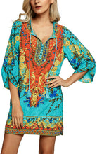 
                        
                          Load image into Gallery viewer, Women Bohemian Neck Tie Vintage Printed Ethnic Style Summer Shift Dress
                        
                      