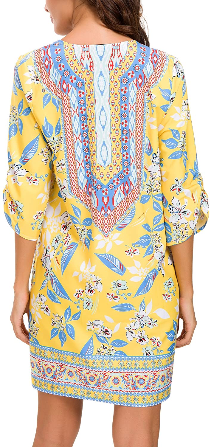 Women Bohemian Neck Tie Vintage Printed Ethnic Style Summer Shift Dress