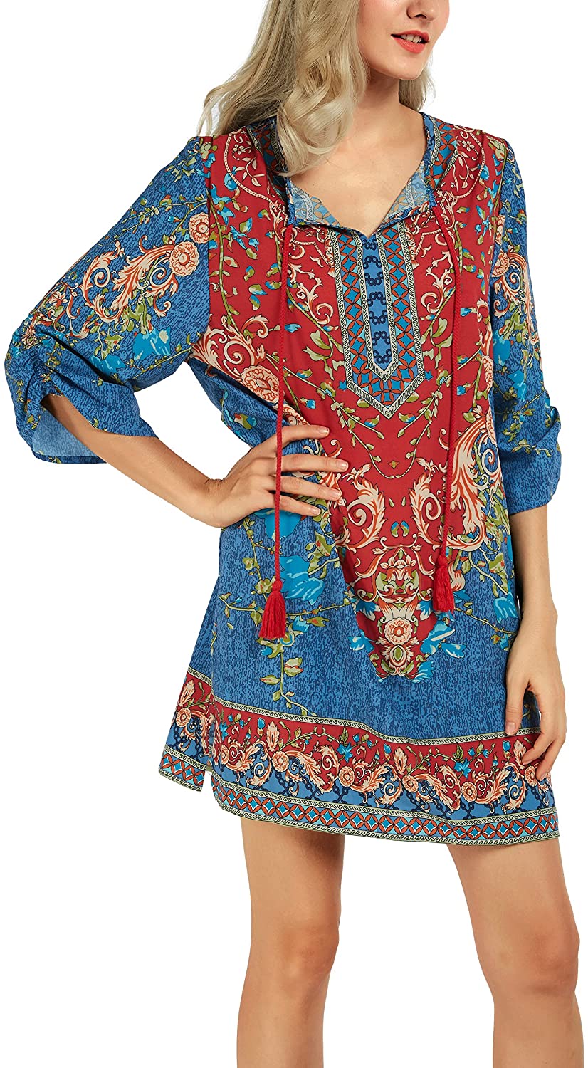 Women Bohemian Neck Tie Vintage Printed Ethnic Style Summer Shift Dress