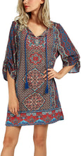 
                        
                          Load image into Gallery viewer, Women Bohemian Neck Tie Vintage Printed Ethnic Style Summer Shift Dress
                        
                      