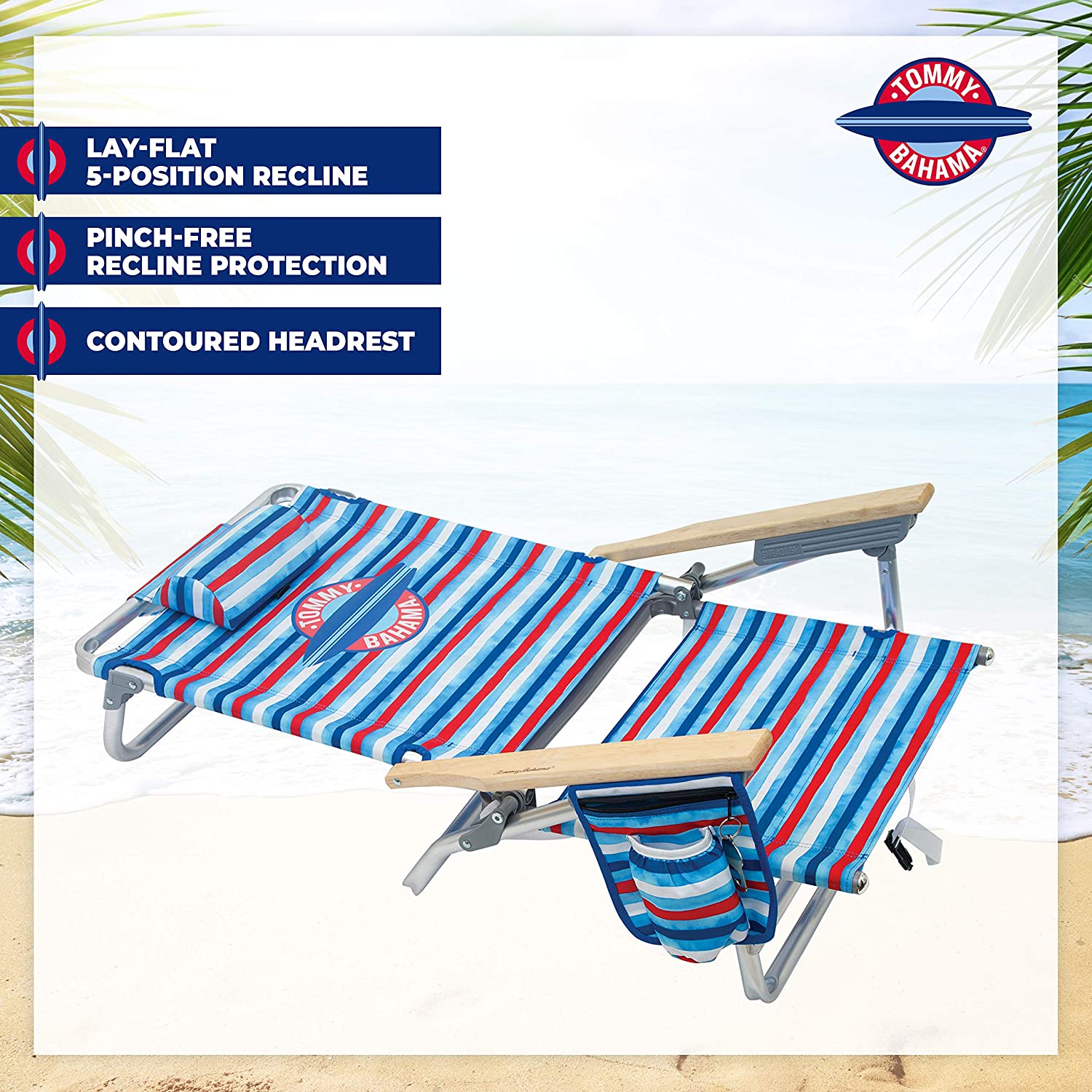 Tommy Bahama 5-Position Classic Lay Flat Folding Backpack Beach Chair
