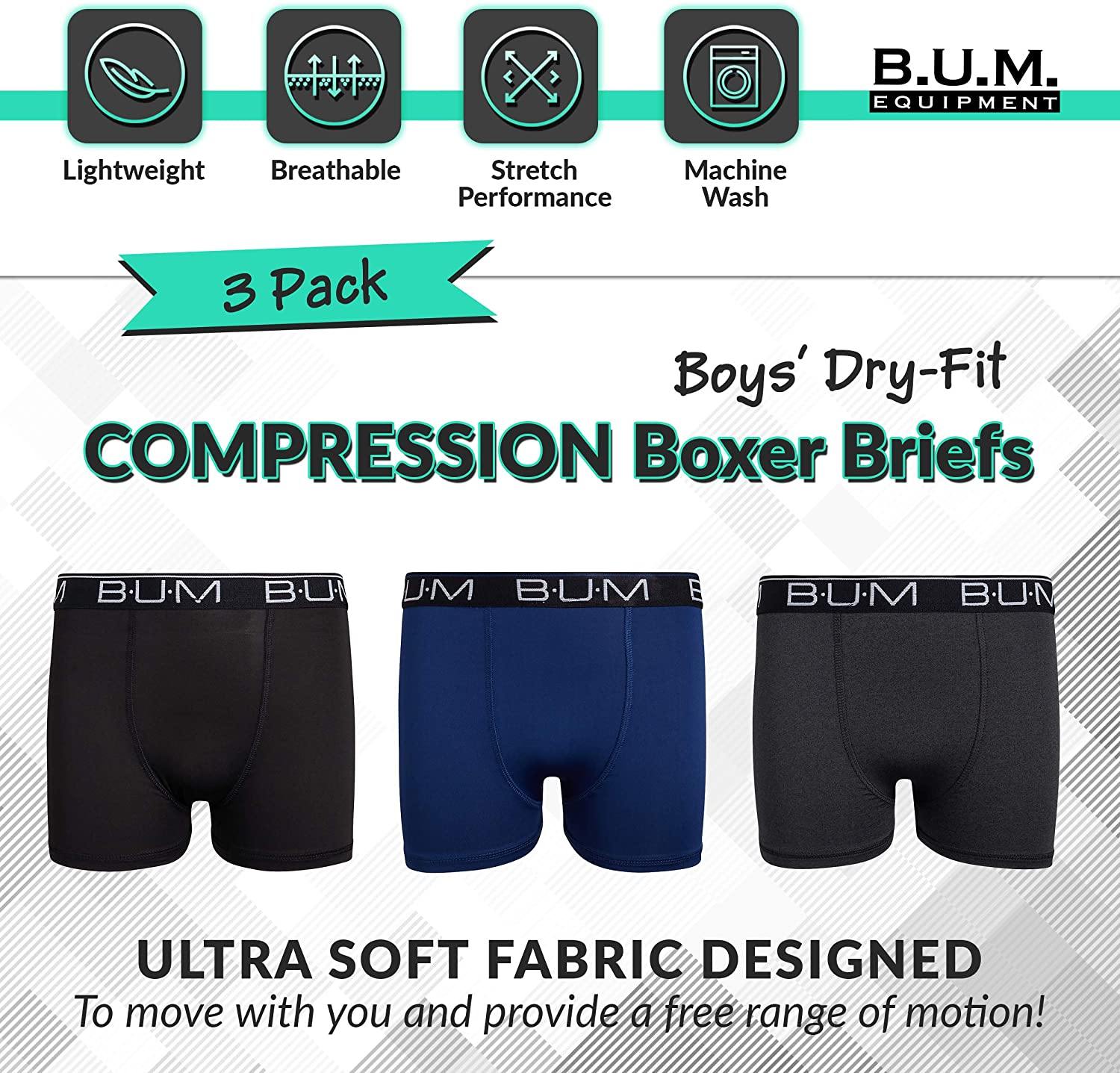B.U.M. Equipment Boys Performance Dry-Fit Compression Boxer Briefs (3 Pack) - JOY2ESpree