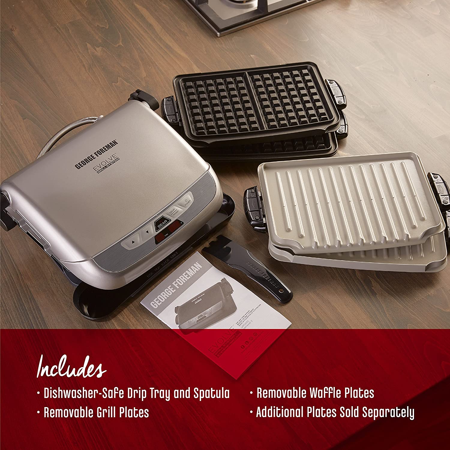 George Foreman GRP4842MB Multi-Plate Evolve Grill, (Ceramic Grilling Plates, and Waffle Plates Included), Black - JOY2ESpree