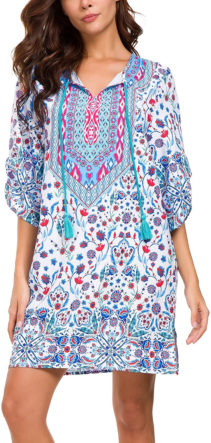 Women Bohemian Neck Tie Vintage Printed Ethnic Style Summer Shift Dress