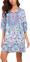 
                        
                          Load image into Gallery viewer, Women Bohemian Neck Tie Vintage Printed Ethnic Style Summer Shift Dress
                        
                      