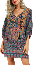
                        
                          Load image into Gallery viewer, Women Bohemian Neck Tie Vintage Printed Ethnic Style Summer Shift Dress
                        
                      