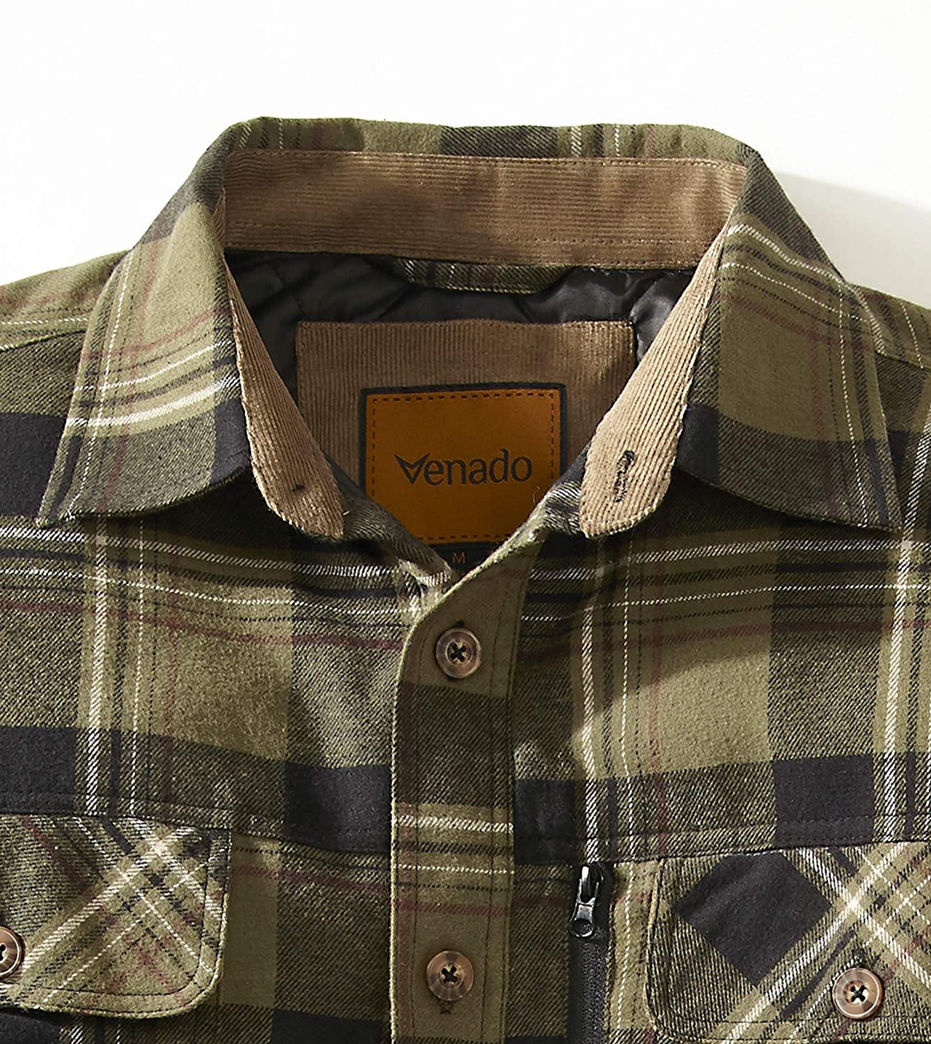 Venado Men's Plaid Shirt Jacket -Long Sleeved Quilt Lined Brushed Flannel Rugged Shirt