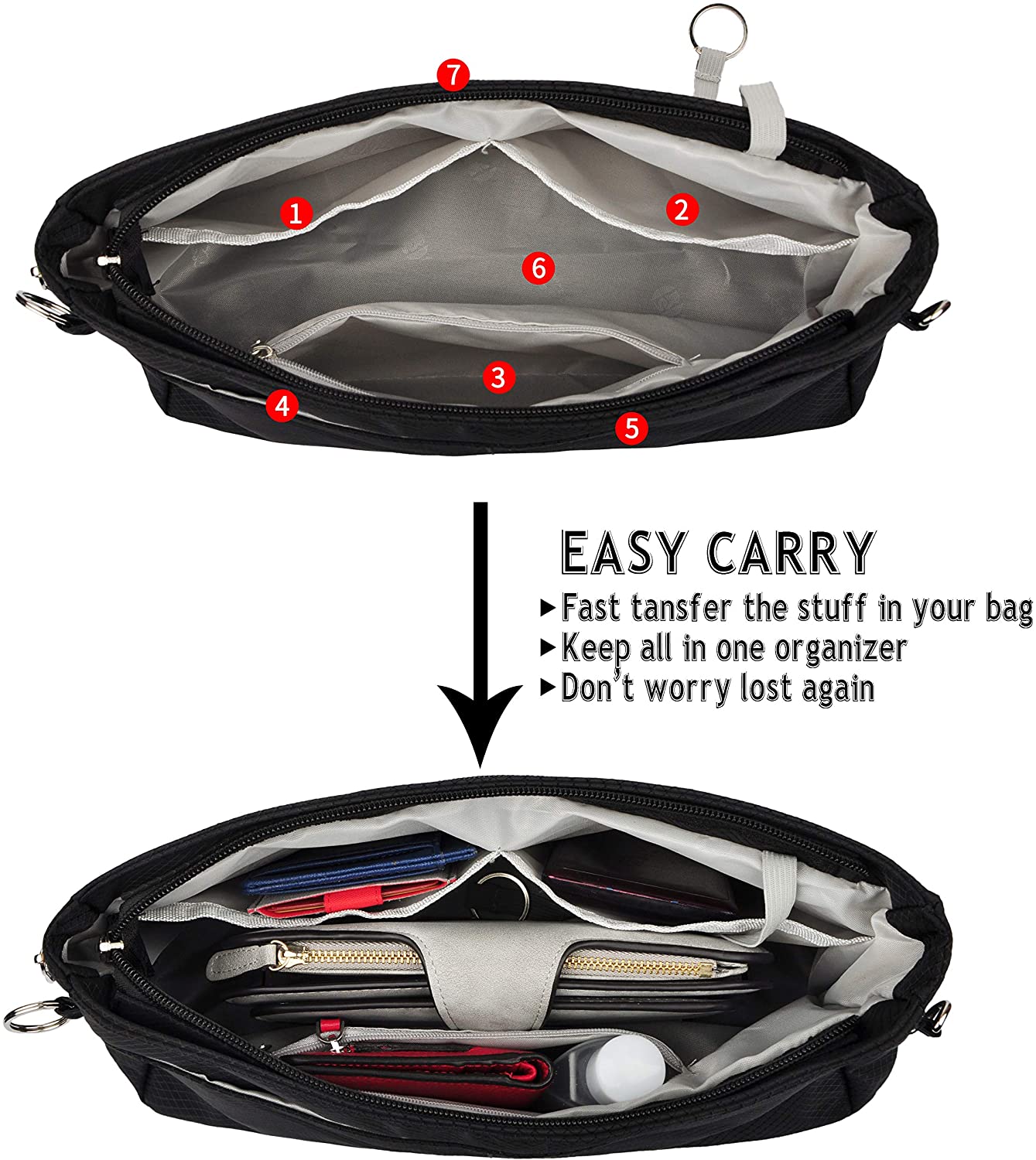 Vercord Expandable Nylon Handbag Purse Organizer Insert Liner Shaper Bag