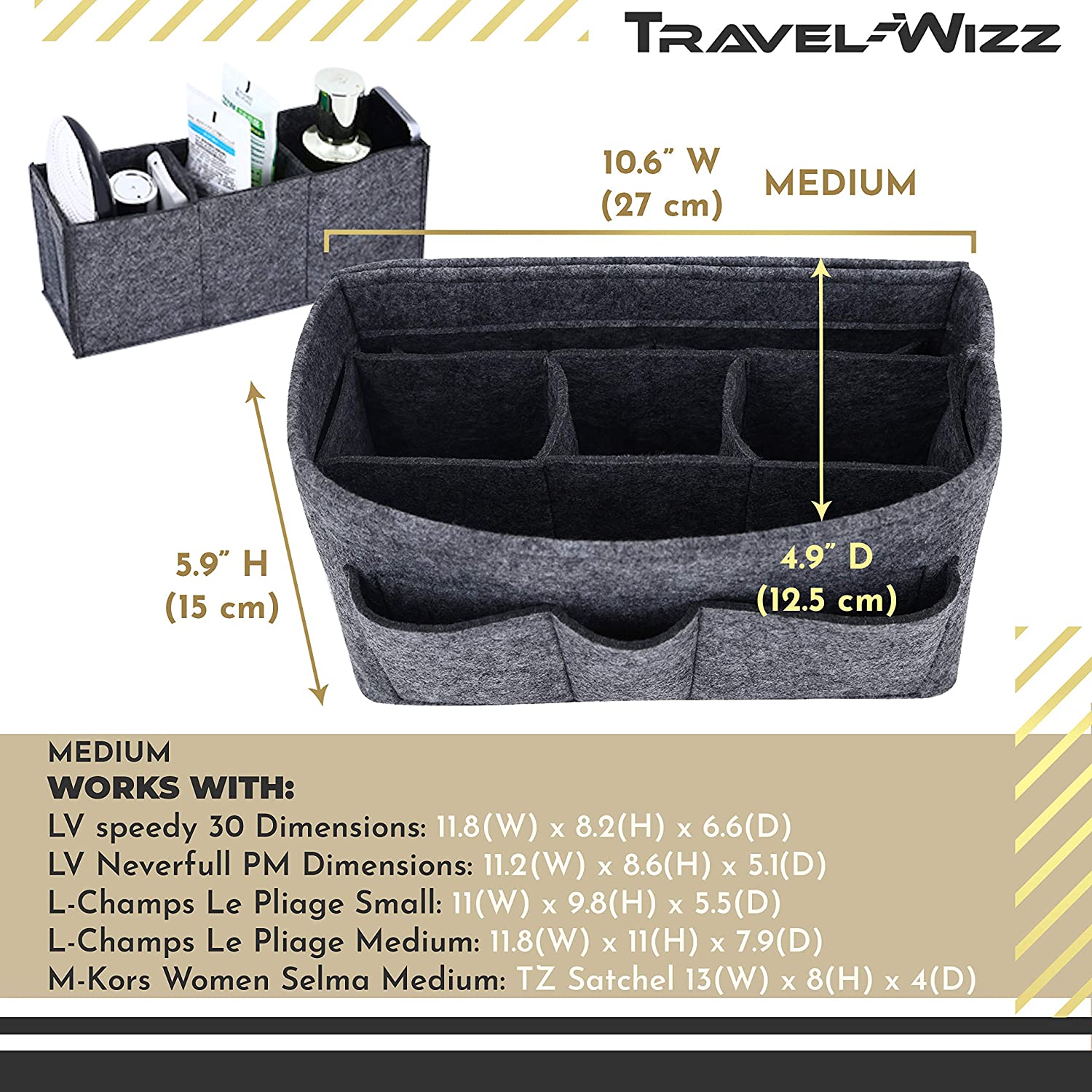 Handbag Organizer - 2in1 Purse Organizer Insert with Inner Zipped Pocket - Tote Shaper fits Speedy Neverfull - Grey Medium