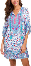 
                        
                          Load image into Gallery viewer, Women Bohemian Neck Tie Vintage Printed Ethnic Style Summer Shift Dress
                        
                      