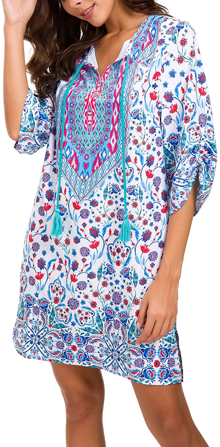 Women Bohemian Neck Tie Vintage Printed Ethnic Style Summer Shift Dress