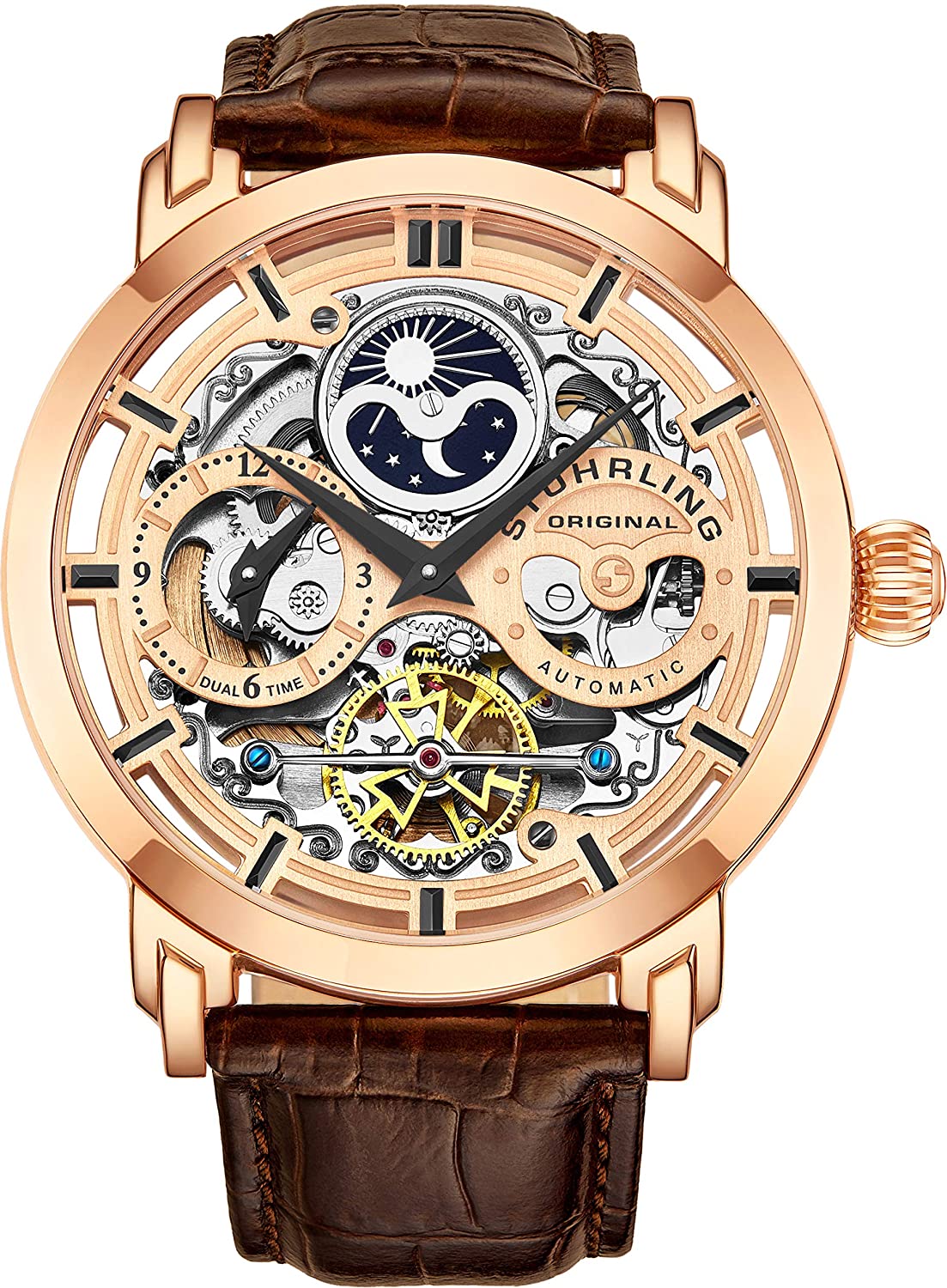 Stührling Original Mens Watch Stainless Steel Automatic, Skeleton Dial, Dual Time, AM/PM Sun Moon,Genuine Leather Strap 371 Watches for Men Series