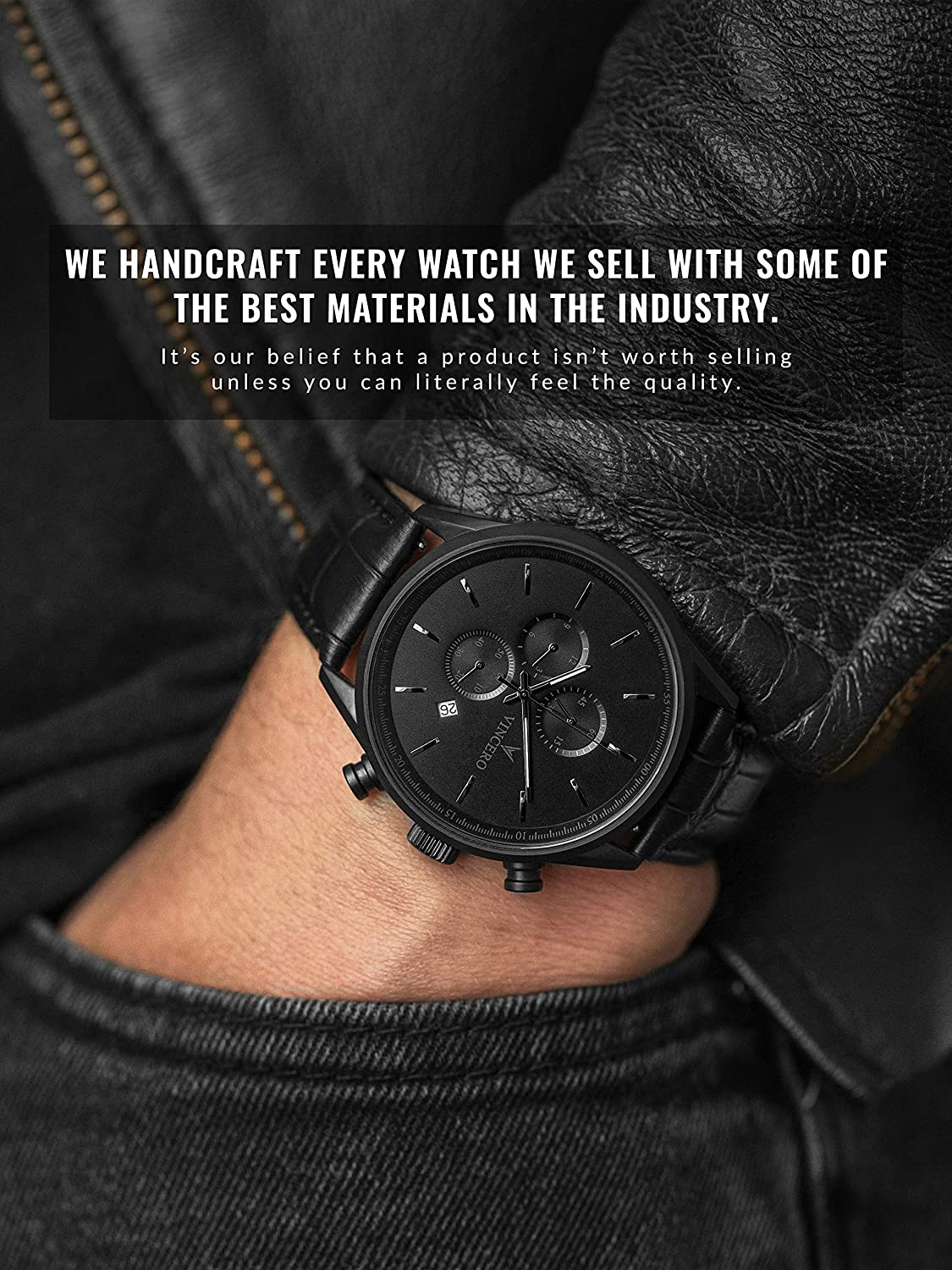 Vincero Luxury Men's Chrono S Wrist Watch - Top Grain Italian Leather Watch Band - 43mm Chronograph Watch - Japanese Quartz Movement…