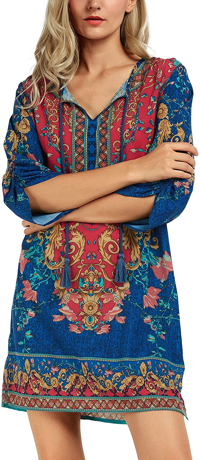 Women Bohemian Neck Tie Vintage Printed Ethnic Style Summer Shift Dress