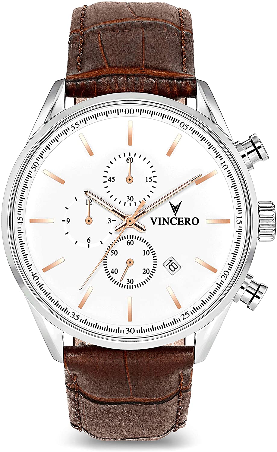 Vincero Luxury Men's Chrono S Wrist Watch - Top Grain Italian Leather Watch Band - 43mm Chronograph Watch - Japanese Quartz Movement…