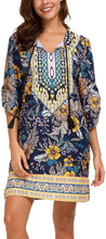 
                        
                          Load image into Gallery viewer, Women Bohemian Neck Tie Vintage Printed Ethnic Style Summer Shift Dress
                        
                      