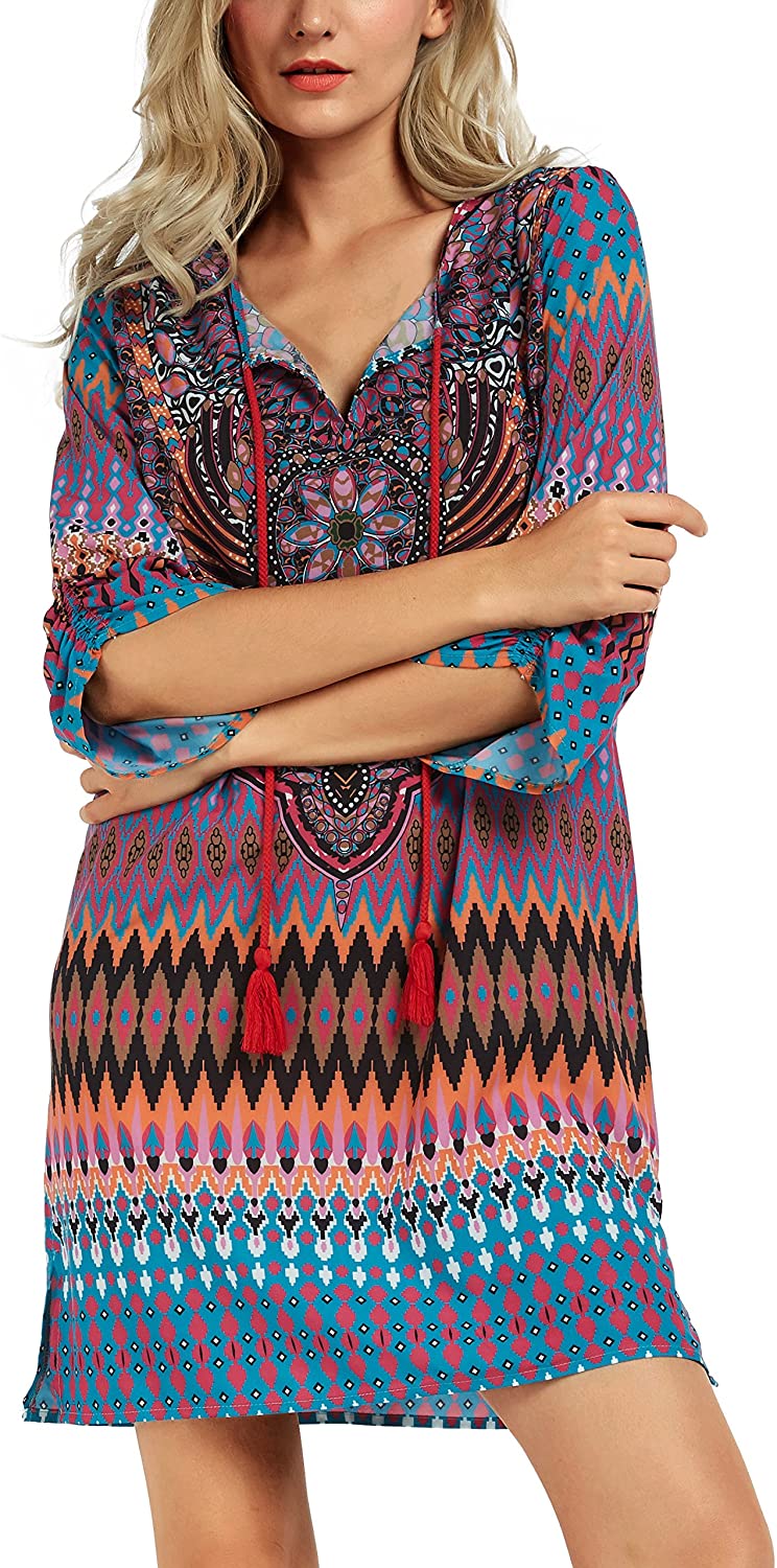 Women Bohemian Neck Tie Vintage Printed Ethnic Style Summer Shift Dress