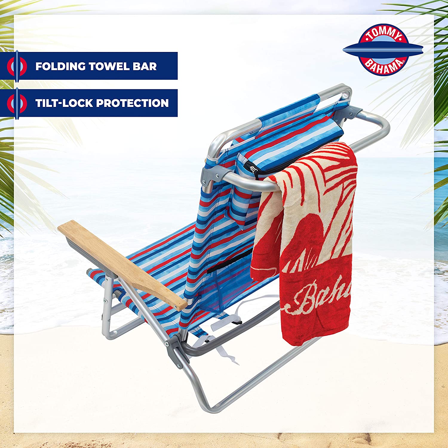 Tommy Bahama 5-Position Classic Lay Flat Folding Backpack Beach Chair