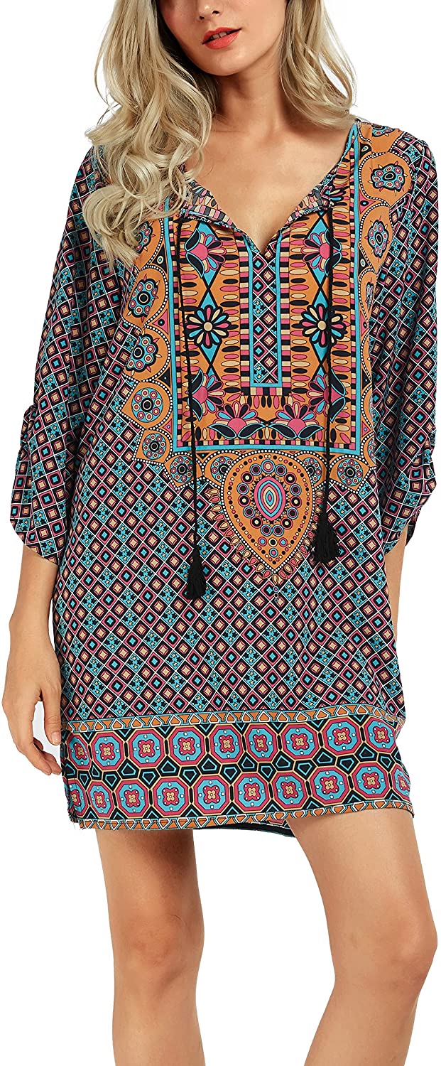 Women Bohemian Neck Tie Vintage Printed Ethnic Style Summer Shift Dress