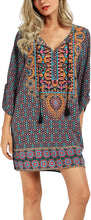 
                        
                          Load image into Gallery viewer, Women Bohemian Neck Tie Vintage Printed Ethnic Style Summer Shift Dress
                        
                      
