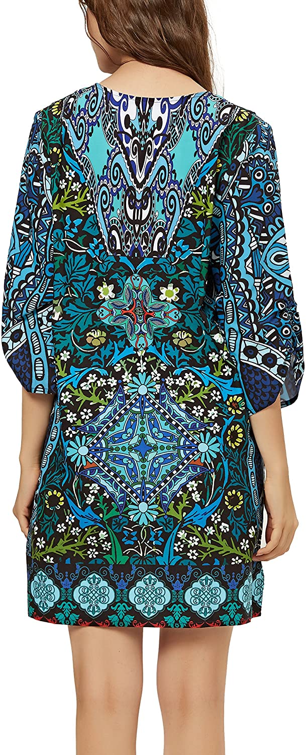 Women Bohemian Neck Tie Vintage Printed Ethnic Style Summer Shift Dress