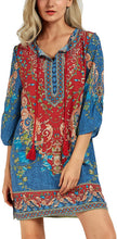 
                        
                          Load image into Gallery viewer, Women Bohemian Neck Tie Vintage Printed Ethnic Style Summer Shift Dress
                        
                      
