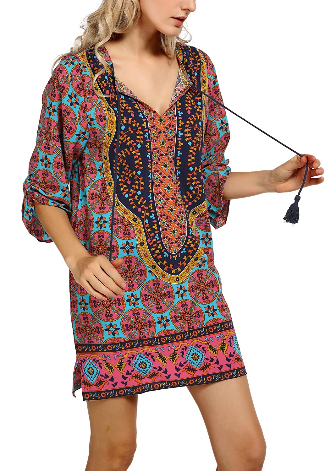 Women Bohemian Neck Tie Vintage Printed Ethnic Style Summer Shift Dress