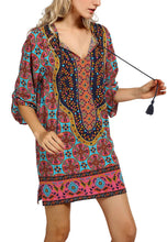 
                        
                          Load image into Gallery viewer, Women Bohemian Neck Tie Vintage Printed Ethnic Style Summer Shift Dress
                        
                      