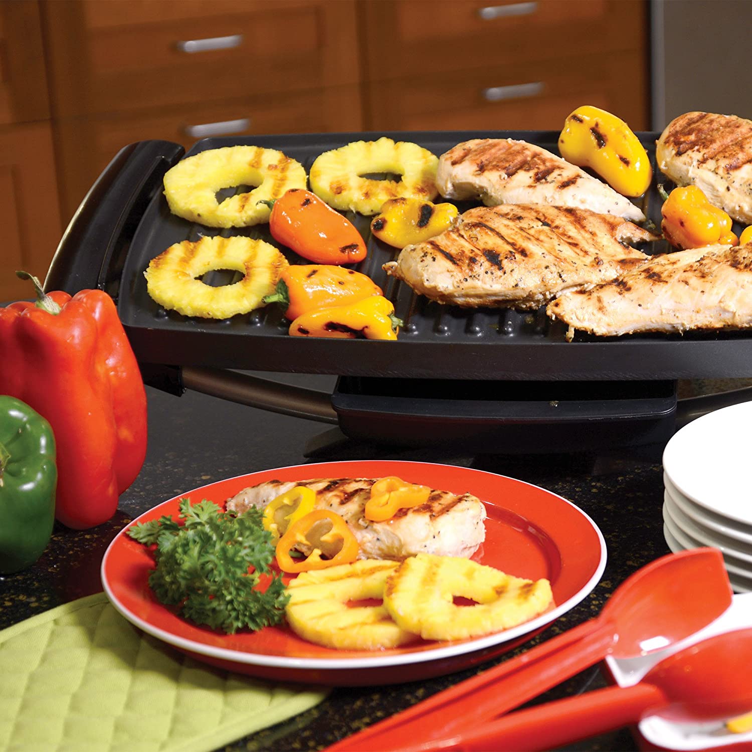 George Foreman 12-Serving Indoor/Outdoor Rectangular Electric Grill, Red, GFO201R - JOY2ESpree