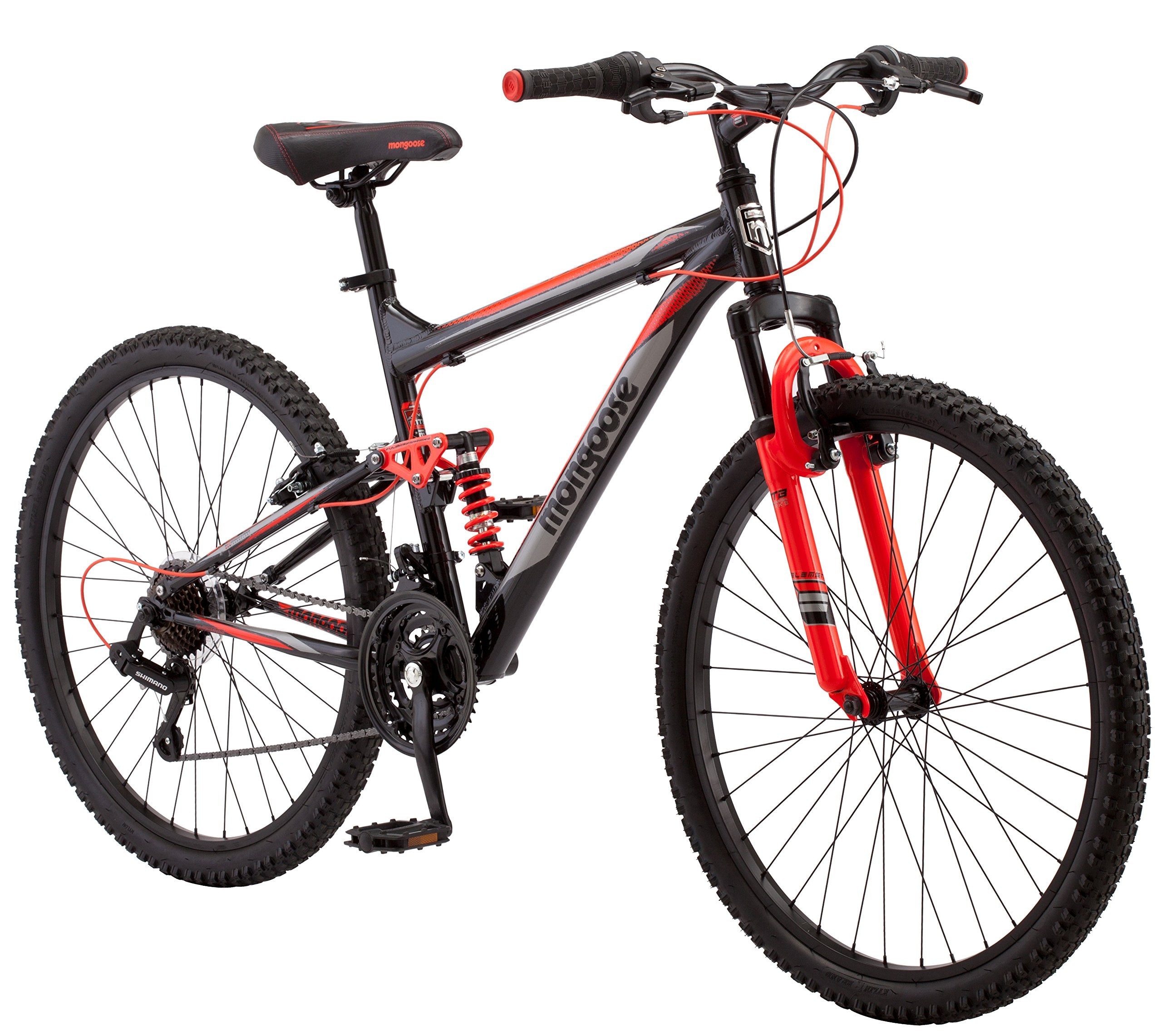 Mongoose Status 2.2 Mens and Womens Mountain Bike, 26-Inch Wheels, 21-Speed Shifters, Aluminum Frame, Front Suspension,a Black/Red
