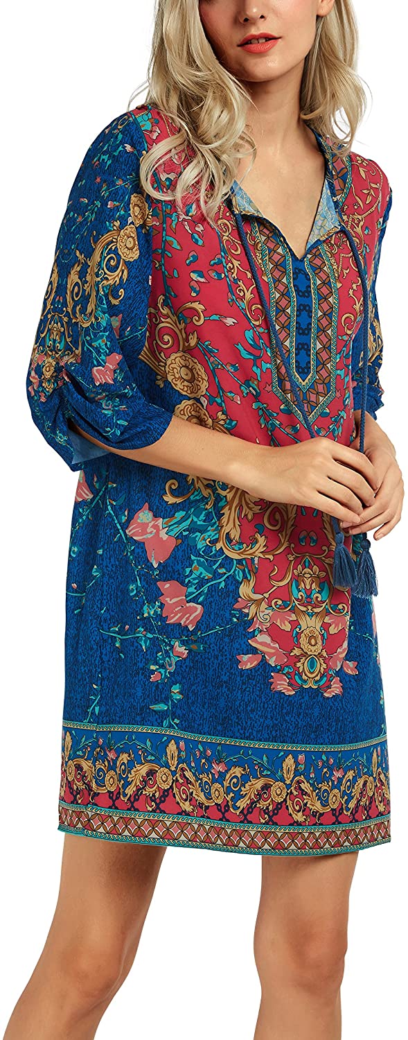Women Bohemian Neck Tie Vintage Printed Ethnic Style Summer Shift Dress