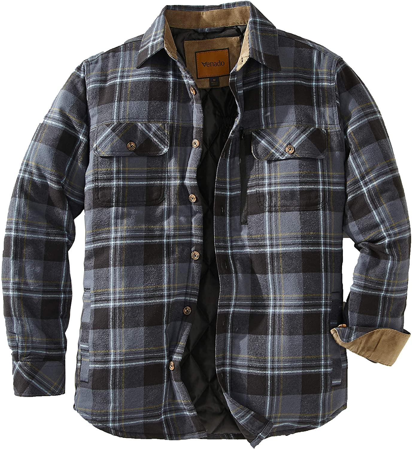Venado Men's Plaid Shirt Jacket -Long Sleeved Quilt Lined Brushed Flannel Rugged Shirt
