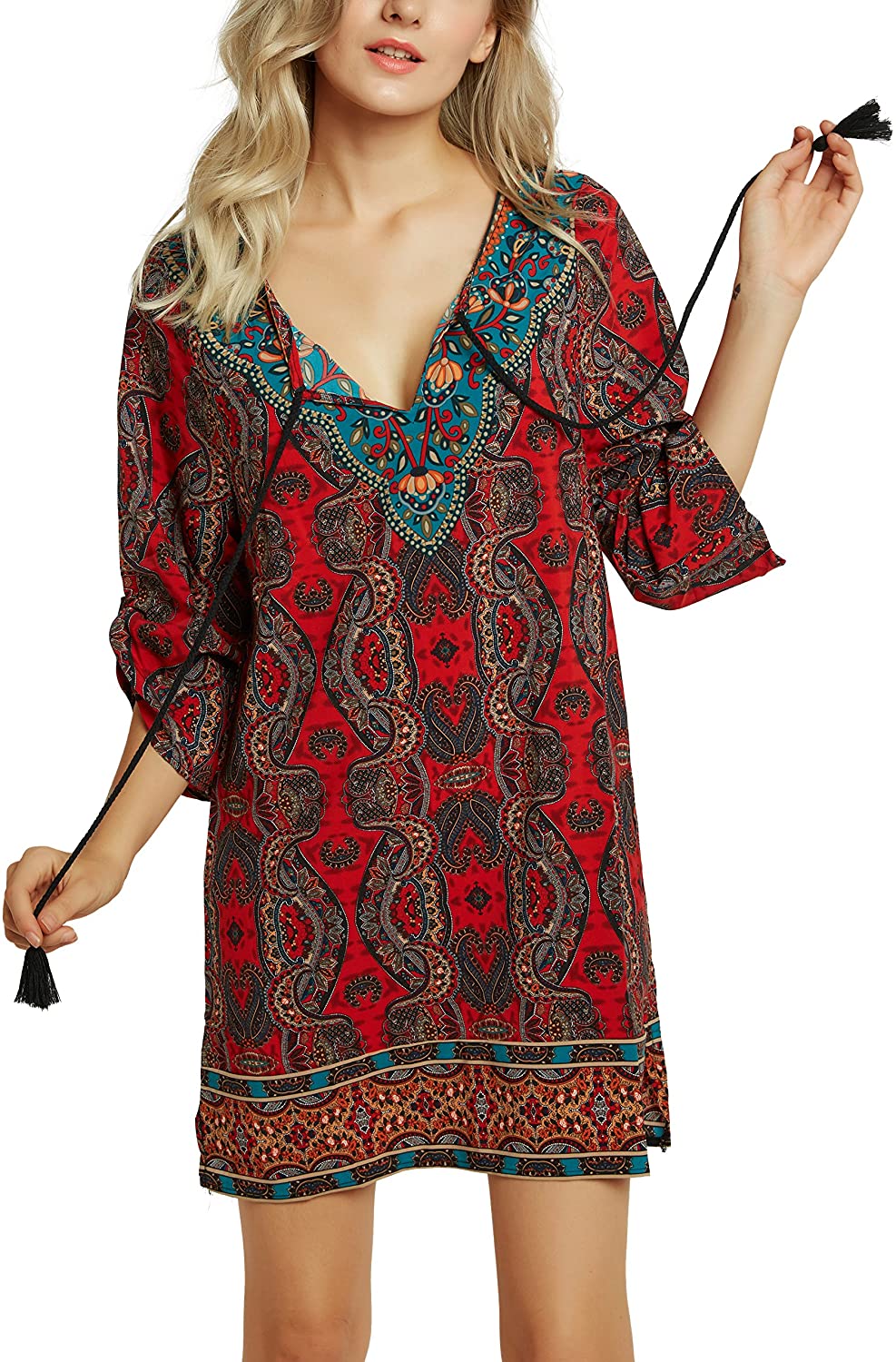 Women Bohemian Neck Tie Vintage Printed Ethnic Style Summer Shift Dress