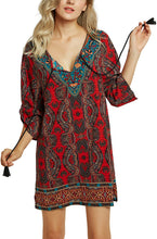 
                        
                          Load image into Gallery viewer, Women Bohemian Neck Tie Vintage Printed Ethnic Style Summer Shift Dress
                        
                      