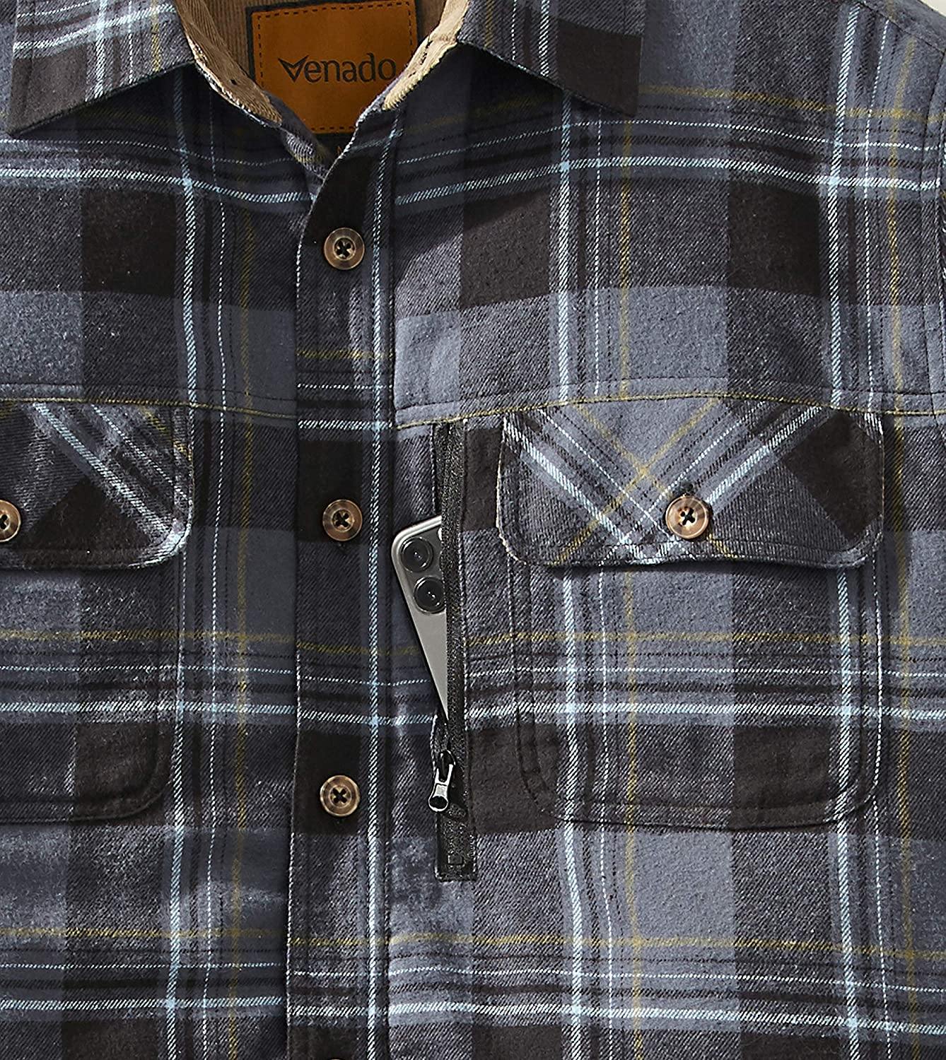 Venado Men's Plaid Shirt Jacket -Long Sleeved Quilt Lined Brushed Flannel Rugged Shirt