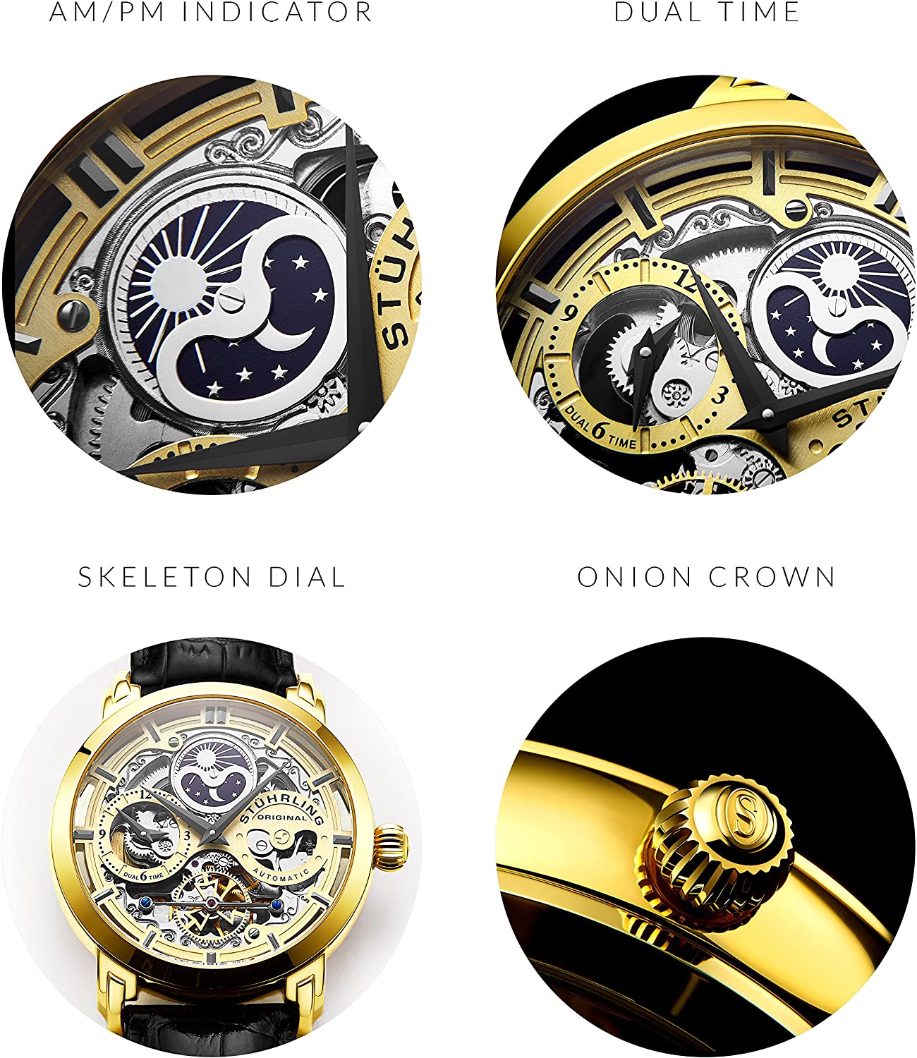 Stührling Original Mens Watch Stainless Steel Automatic, Skeleton Dial, Dual Time, AM/PM Sun Moon,Genuine Leather Strap 371 Watches for Men Series