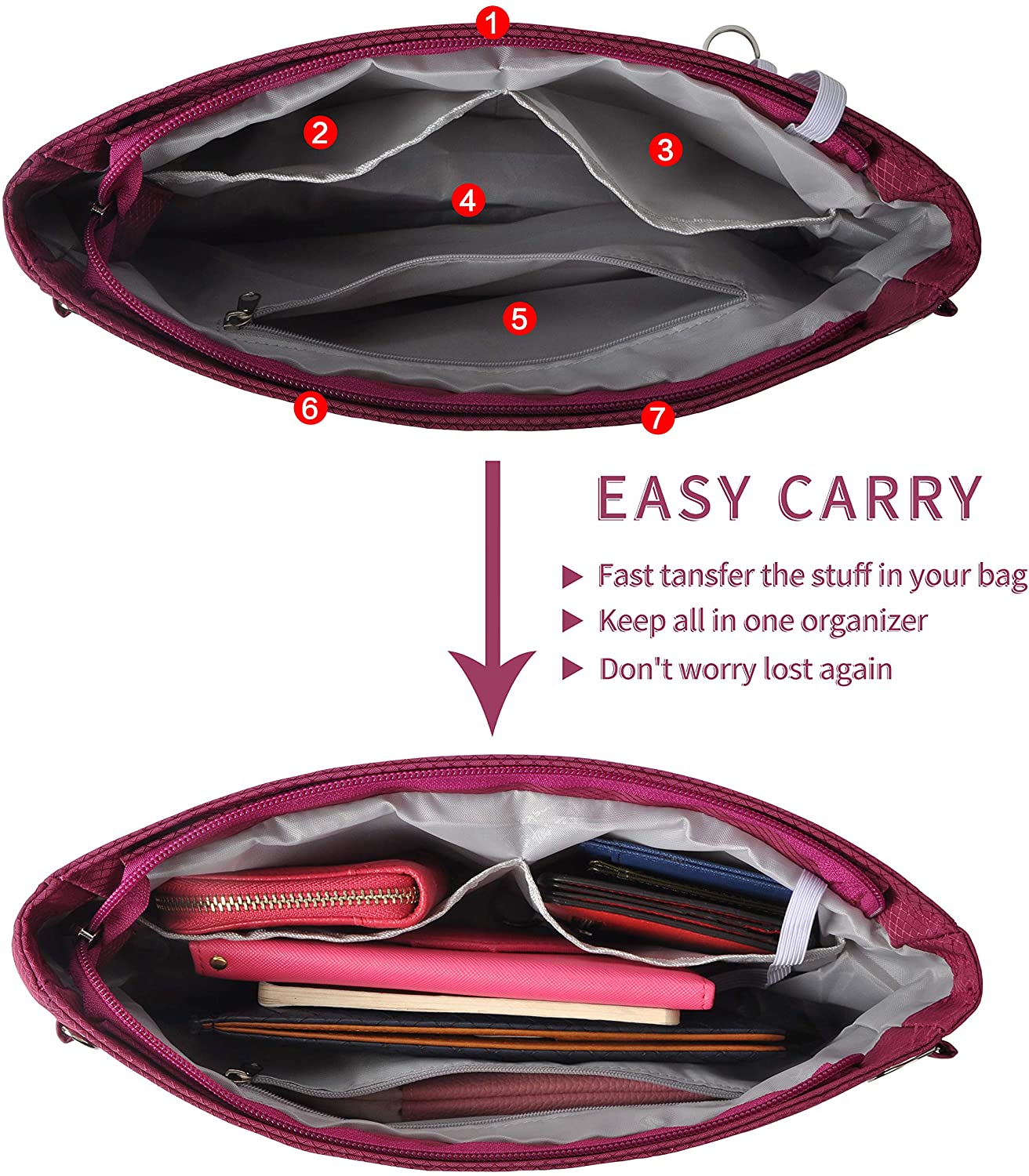 Vercord Expandable Nylon Handbag Purse Organizer Insert Liner Shaper Bag