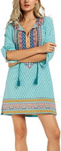 
                        
                          Load image into Gallery viewer, Women Bohemian Neck Tie Vintage Printed Ethnic Style Summer Shift Dress
                        
                      