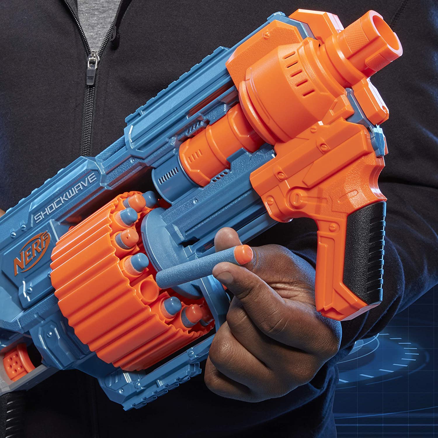 NERF Elite 2.0 Shockwave RD-15 Blaster, 30 Darts, 15-Dart Rotating Drum, Pump-Action Slam Fire, Built-in Customizing Capabilities