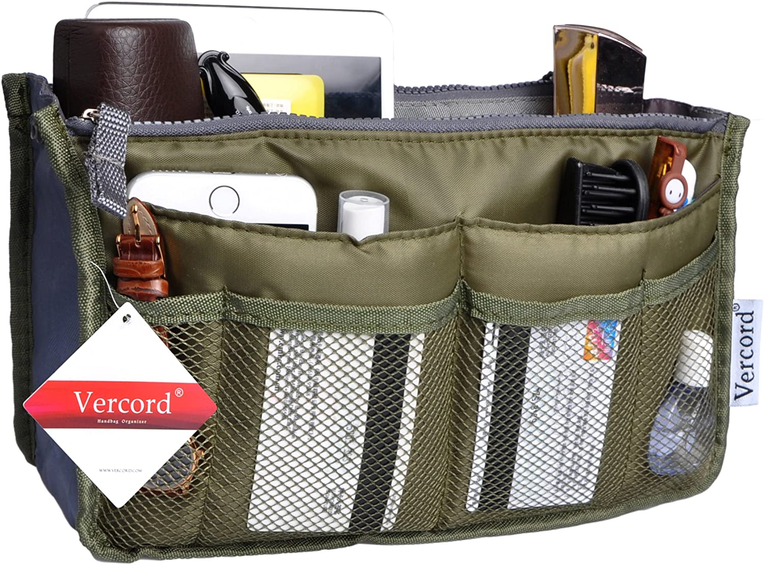 Vercord Purse Organizer Insert for Handbags Bag Organizers Inside Tote Pocketbook Women Nurse Nylon 13 Pockets Black Medium
