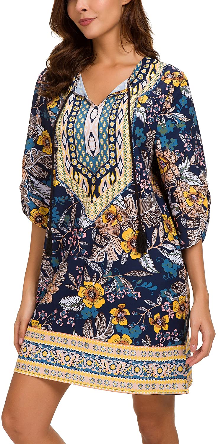 Women Bohemian Neck Tie Vintage Printed Ethnic Style Summer Shift Dress