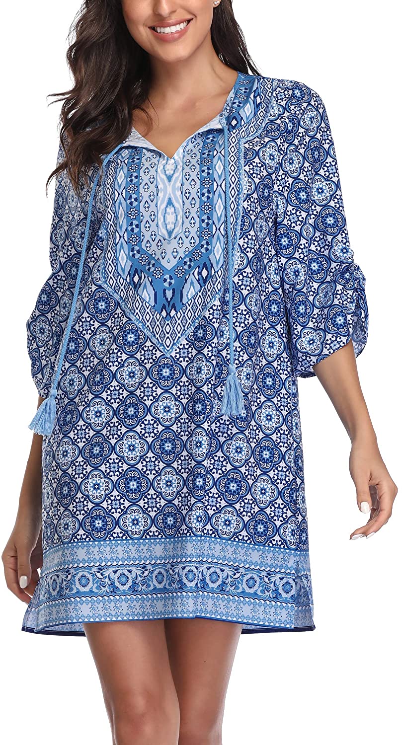 Women Bohemian Neck Tie Vintage Printed Ethnic Style Summer Shift Dress