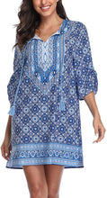 
                        
                          Load image into Gallery viewer, Women Bohemian Neck Tie Vintage Printed Ethnic Style Summer Shift Dress
                        
                      
